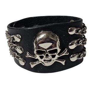 Gothic Silver Skull & Bones Black Leather Bracelet Chain Accents Punk Jewelry